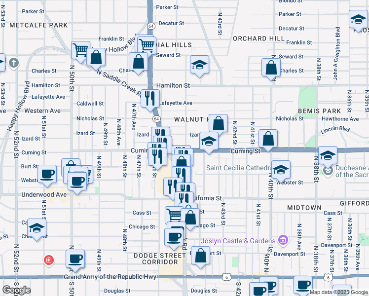 map of restaurants, bars, coffee shops, grocery stores, and more near 4504 North 45th Street in Omaha