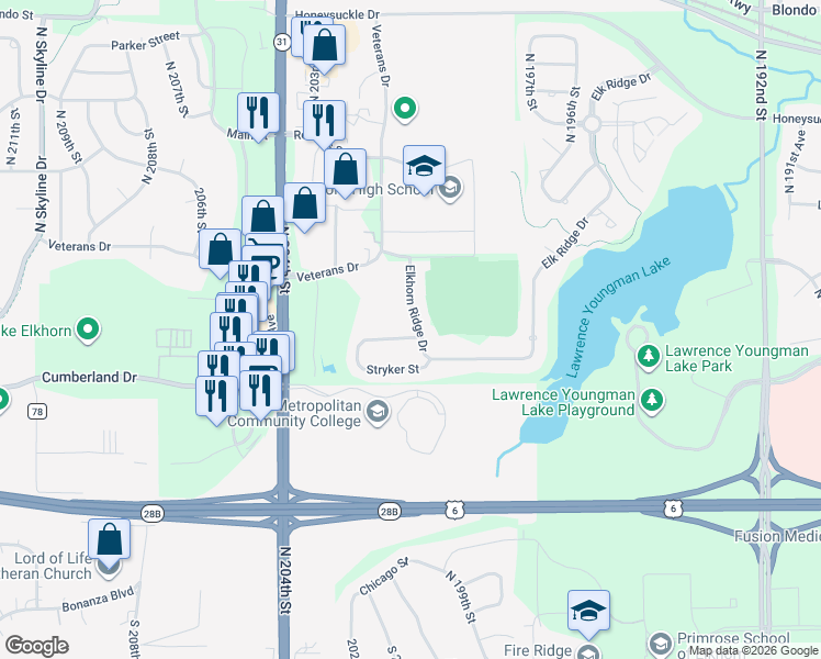 map of restaurants, bars, coffee shops, grocery stores, and more near 20010 Elkhorn Ridge Drive in Omaha