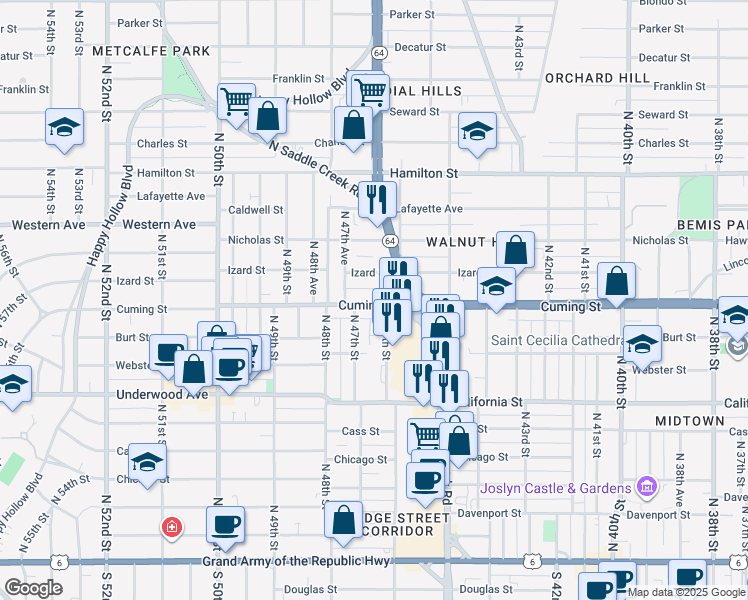 map of restaurants, bars, coffee shops, grocery stores, and more near 4622 Cuming Street in Omaha