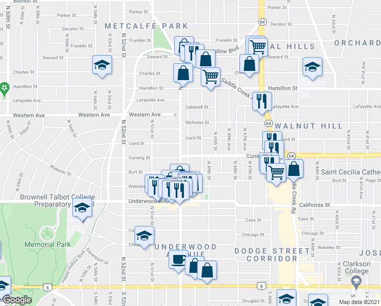 map of restaurants, bars, coffee shops, grocery stores, and more near 901 North 50th Avenue in Omaha