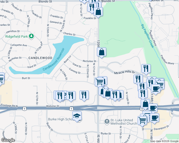 map of restaurants, bars, coffee shops, grocery stores, and more near 907 North 122nd Street in Omaha