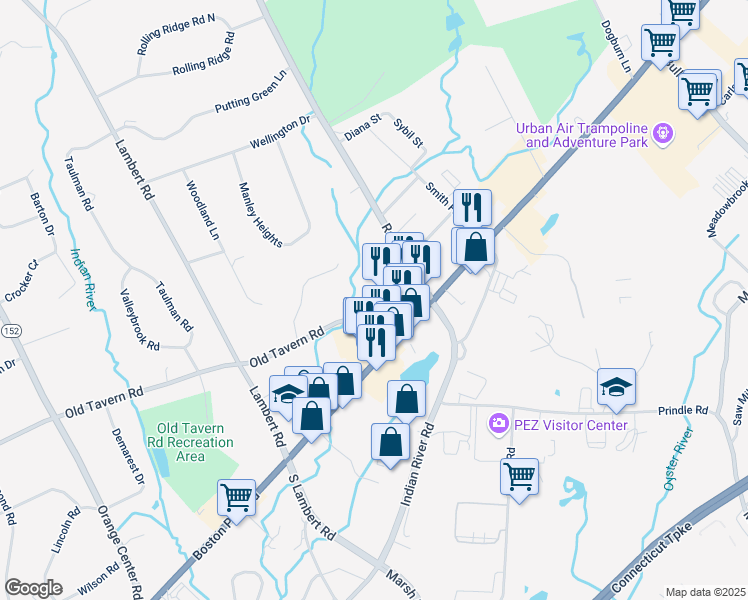 map of restaurants, bars, coffee shops, grocery stores, and more near 23 Old Tavern Road in Orange