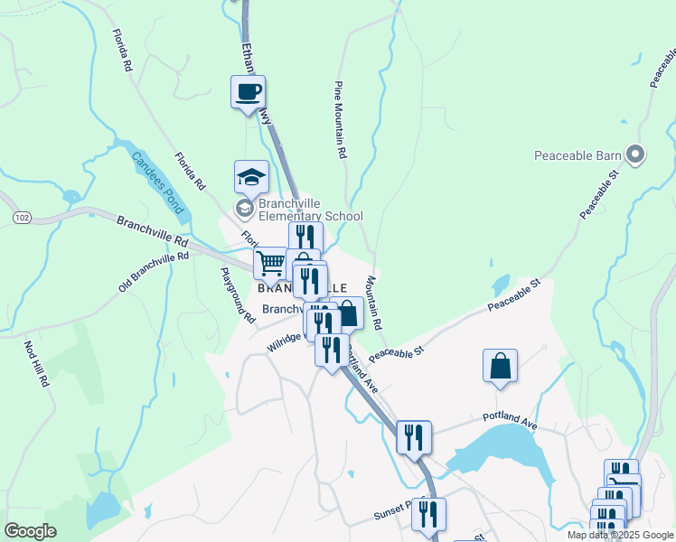 map of restaurants, bars, coffee shops, grocery stores, and more near 46 West Branchville Road in Ridgefield