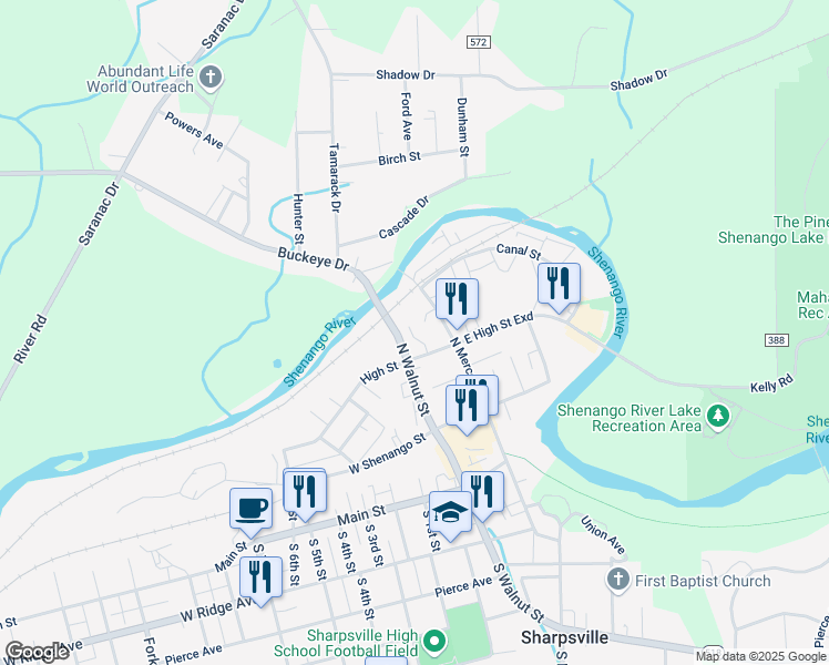 map of restaurants, bars, coffee shops, grocery stores, and more near 312-340 North Walnut Street in Sharpsville