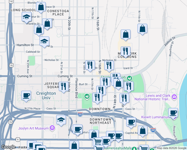 map of restaurants, bars, coffee shops, grocery stores, and more near 1702 Cuming Street in Omaha