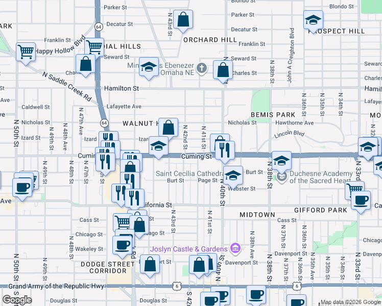 map of restaurants, bars, coffee shops, grocery stores, and more near 4164 Cuming Street in Omaha