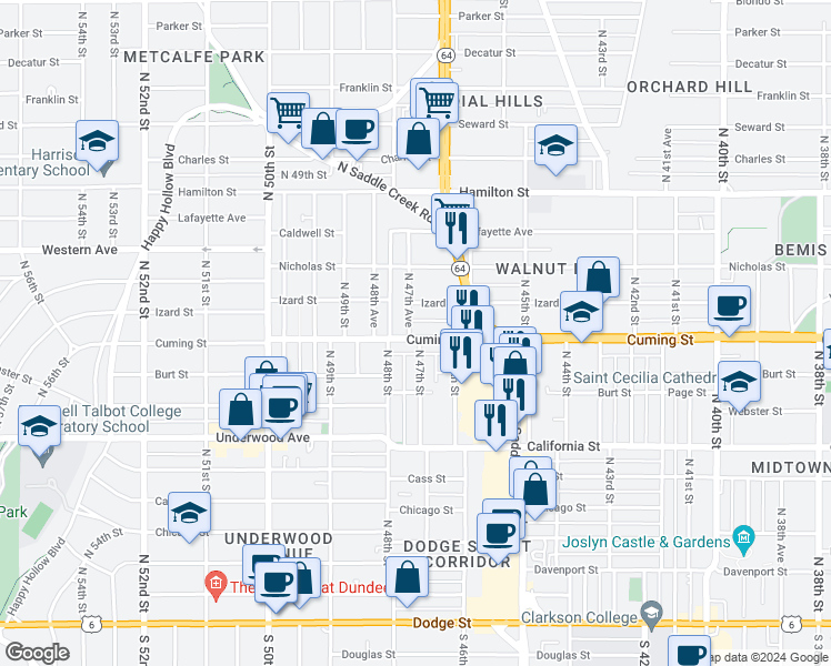 map of restaurants, bars, coffee shops, grocery stores, and more near 904 North 47th Avenue in Omaha
