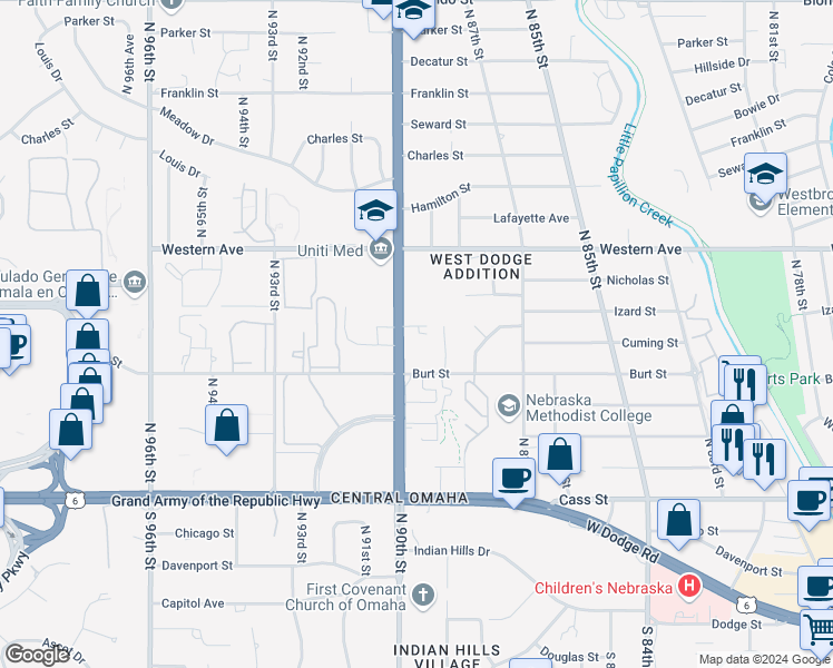 map of restaurants, bars, coffee shops, grocery stores, and more near in Omaha