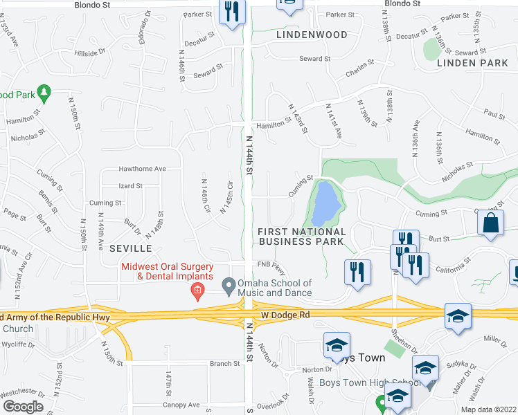 map of restaurants, bars, coffee shops, grocery stores, and more near 852 North 143rd Court in Omaha