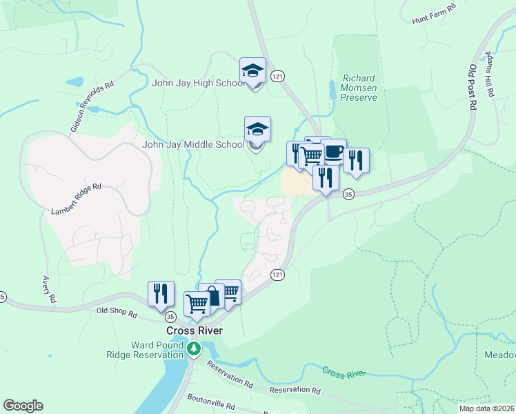 map of restaurants, bars, coffee shops, grocery stores, and more near 168 Jay Court in Cross River