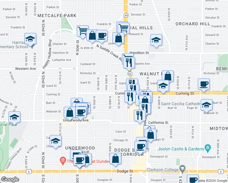 map of restaurants, bars, coffee shops, grocery stores, and more near 904 North 47th Avenue in Omaha