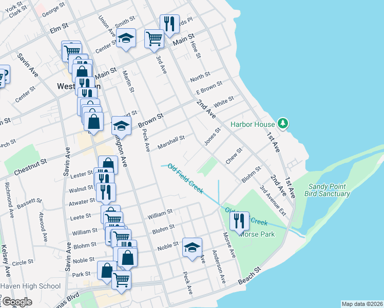 map of restaurants, bars, coffee shops, grocery stores, and more near 147 Jones Street in West Haven