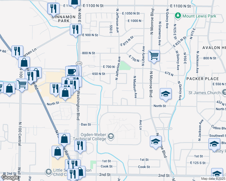 map of restaurants, bars, coffee shops, grocery stores, and more near 921 North Jefferson Avenue East in Ogden