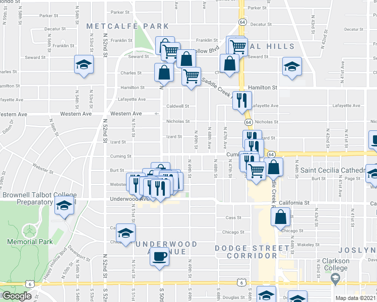 map of restaurants, bars, coffee shops, grocery stores, and more near 4908 Cuming Street in Omaha