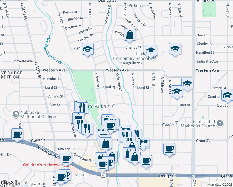 map of restaurants, bars, coffee shops, grocery stores, and more near 7736 Cuming Circle in Omaha
