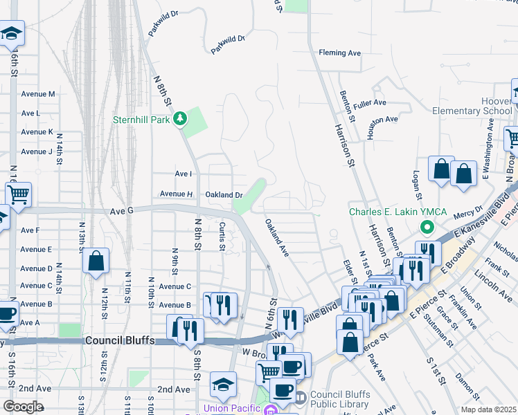 map of restaurants, bars, coffee shops, grocery stores, and more near 308 Lafayette Avenue in Council Bluffs