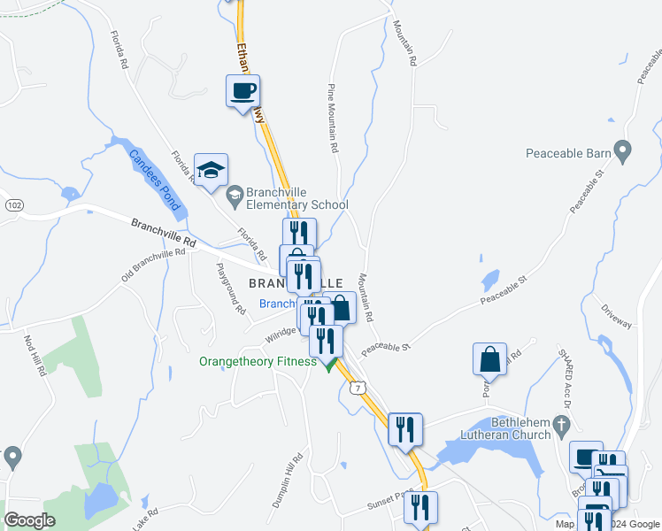 map of restaurants, bars, coffee shops, grocery stores, and more near 54 West Branchville Road in Ridgefield
