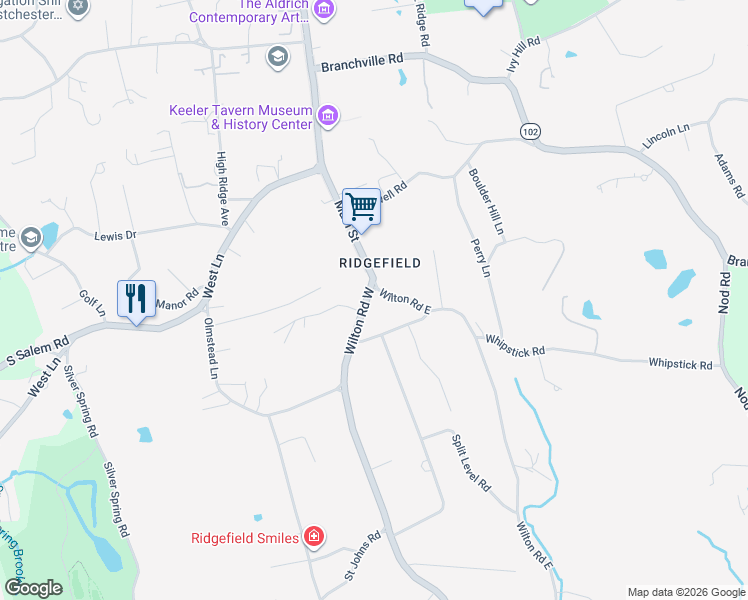 map of restaurants, bars, coffee shops, grocery stores, and more near 404 Wilton Road West in Wilton