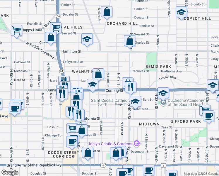 map of restaurants, bars, coffee shops, grocery stores, and more near 4164 Cuming Street in Omaha