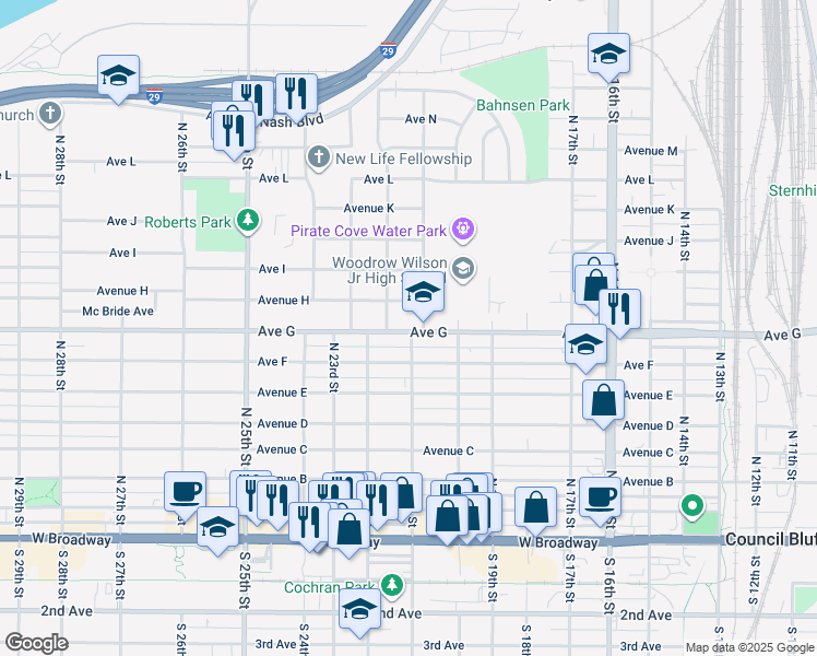 map of restaurants, bars, coffee shops, grocery stores, and more near 712 North 21st Street in Council Bluffs