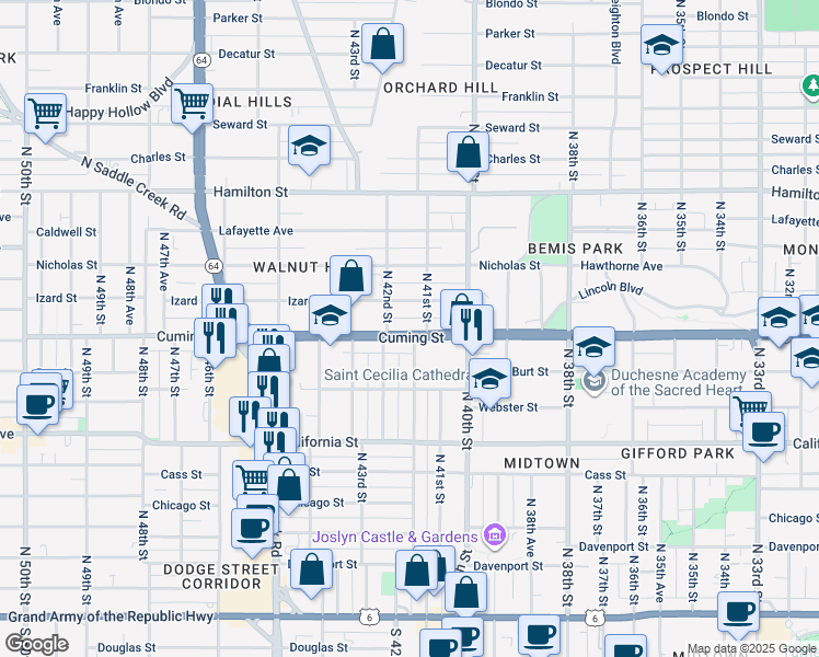map of restaurants, bars, coffee shops, grocery stores, and more near 4032 Cuming Street in Omaha