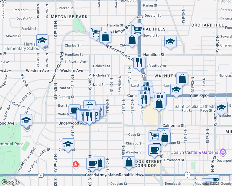 map of restaurants, bars, coffee shops, grocery stores, and more near 4856 Cuming Street in Omaha