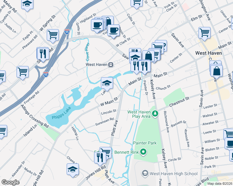 map of restaurants, bars, coffee shops, grocery stores, and more near 653 West Main Street in West Haven