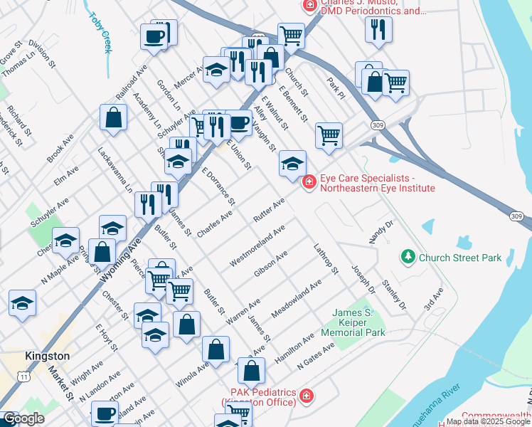 map of restaurants, bars, coffee shops, grocery stores, and more near 629 Rutter Avenue in Kingston