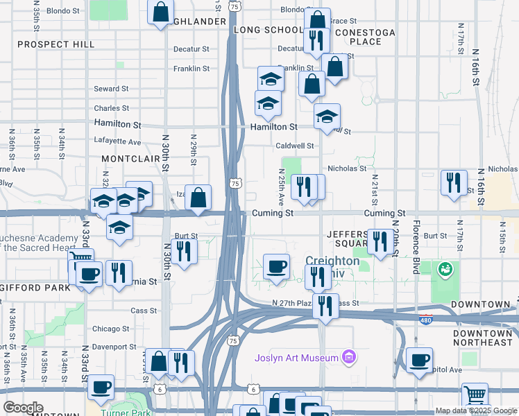map of restaurants, bars, coffee shops, grocery stores, and more near 2621 Cuming Street in Omaha