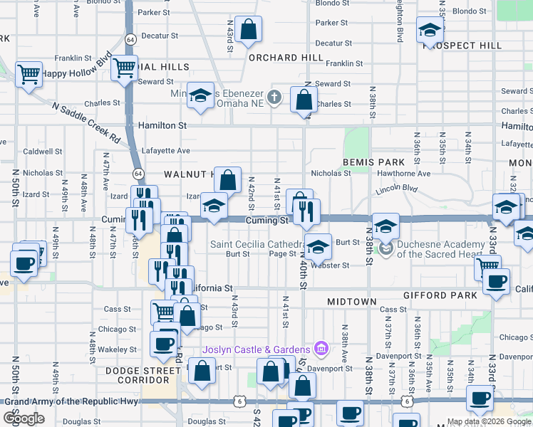 map of restaurants, bars, coffee shops, grocery stores, and more near 4032 Cuming Street in Omaha