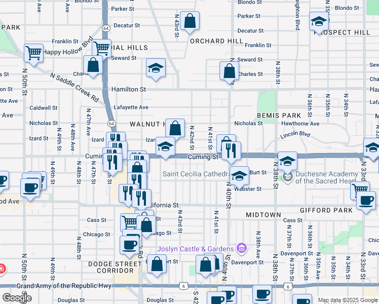 map of restaurants, bars, coffee shops, grocery stores, and more near 4164 Cuming Street in Omaha