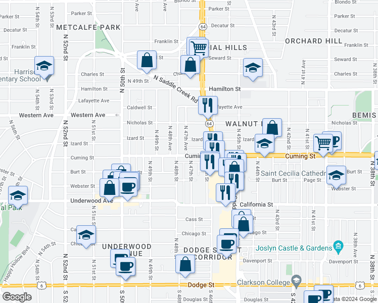 map of restaurants, bars, coffee shops, grocery stores, and more near 904 North 47th Avenue in Omaha