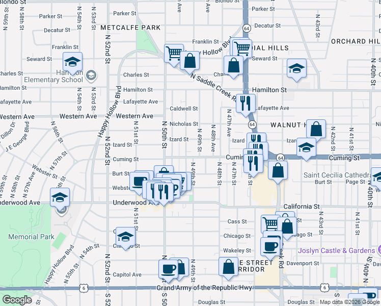 map of restaurants, bars, coffee shops, grocery stores, and more near 4908 Cuming Street in Omaha