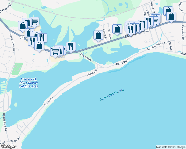 map of restaurants, bars, coffee shops, grocery stores, and more near 187 Shore Road in Clinton