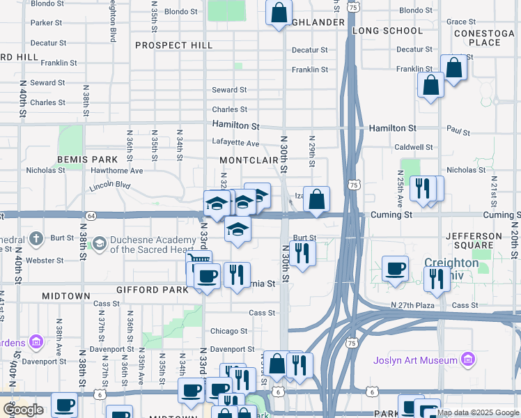 map of restaurants, bars, coffee shops, grocery stores, and more near 3040 Cuming Street in Omaha