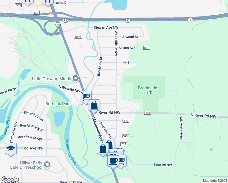map of restaurants, bars, coffee shops, grocery stores, and more near 3609 Woodside Drive Northwest in Warren