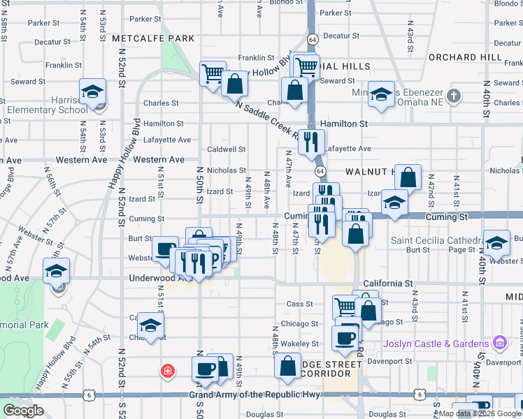 map of restaurants, bars, coffee shops, grocery stores, and more near 4856 Cuming Street in Omaha