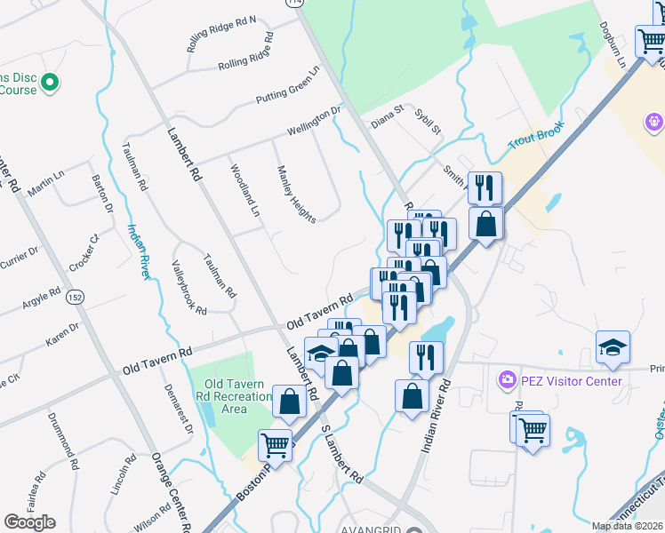 map of restaurants, bars, coffee shops, grocery stores, and more near 331 Saybrook Road in Orange