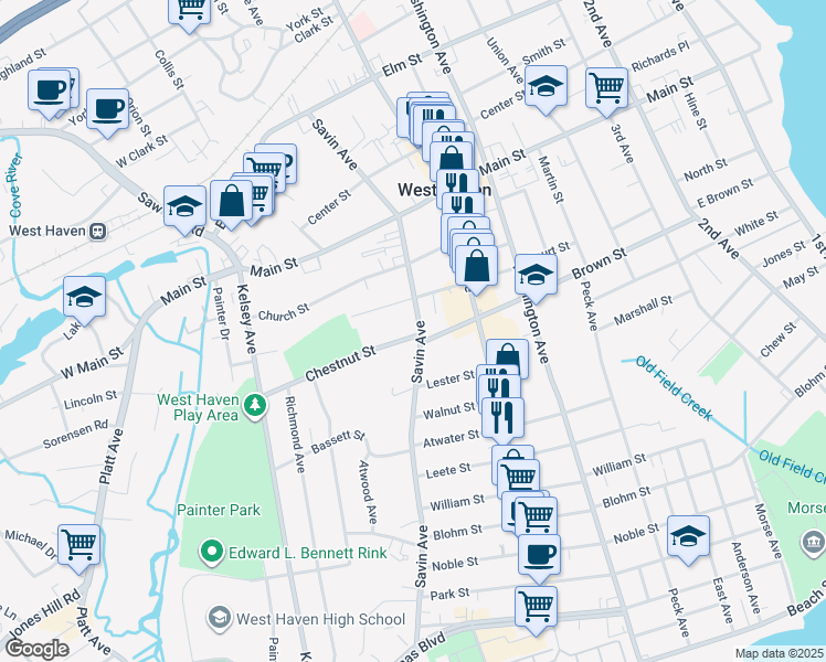 map of restaurants, bars, coffee shops, grocery stores, and more near 580 Savin Avenue in West Haven