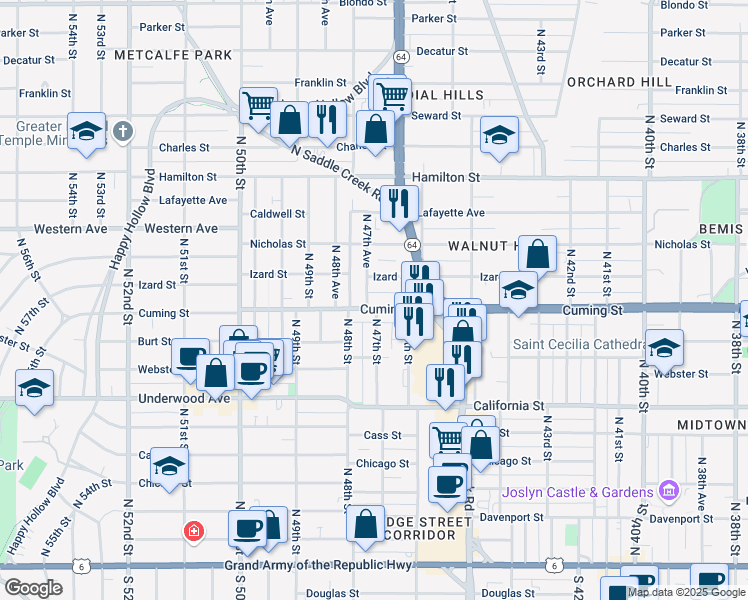 map of restaurants, bars, coffee shops, grocery stores, and more near 904 North 47th Avenue in Omaha