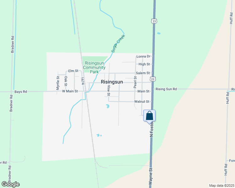 map of restaurants, bars, coffee shops, grocery stores, and more near 401 Main Street in Risingsun