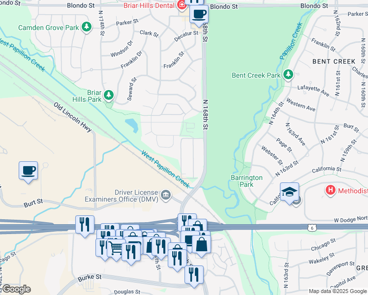 map of restaurants, bars, coffee shops, grocery stores, and more near 1121 North 169th Street in Omaha