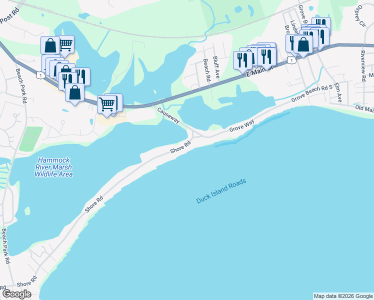 map of restaurants, bars, coffee shops, grocery stores, and more near 187 Shore Road in Clinton
