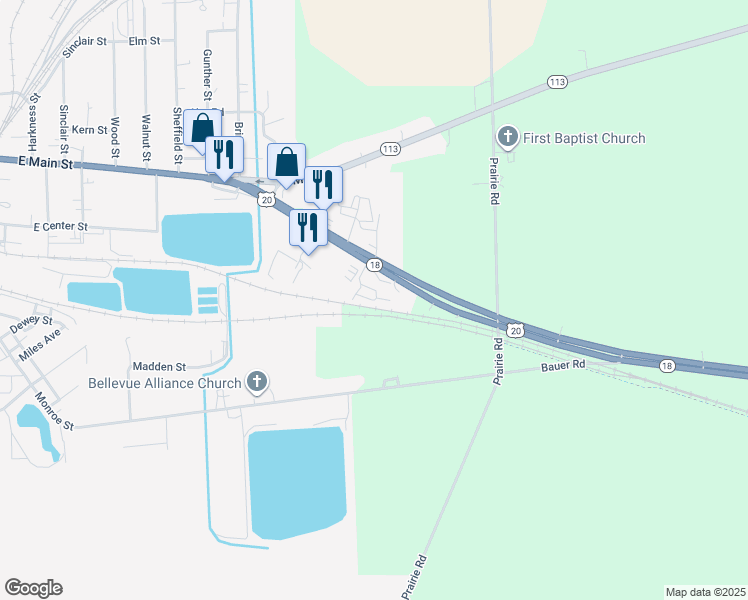 map of restaurants, bars, coffee shops, grocery stores, and more near 6247 U.S. 20 in Bellevue