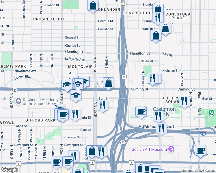 map of restaurants, bars, coffee shops, grocery stores, and more near 2816 Cuming Street in Omaha