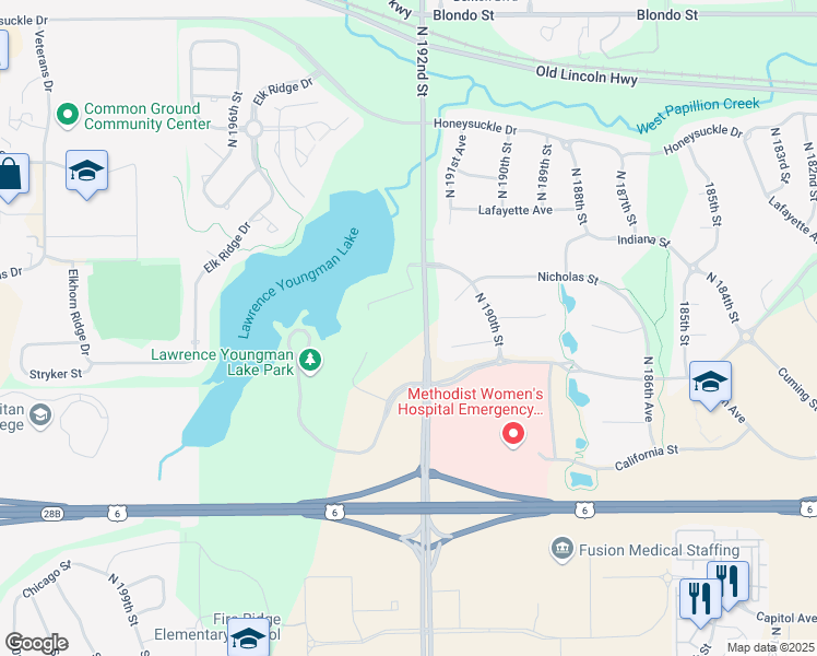 map of restaurants, bars, coffee shops, grocery stores, and more near 930 North 192nd Street in Omaha