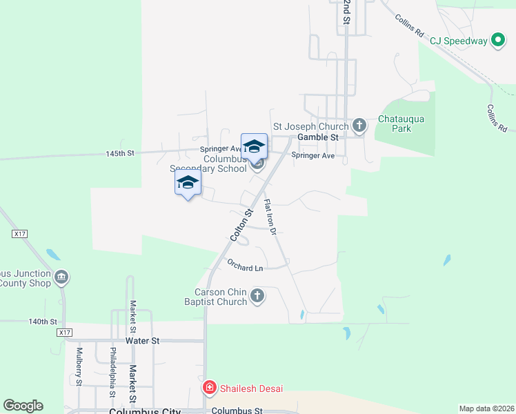 map of restaurants, bars, coffee shops, grocery stores, and more near 1200-1246 Colton Street in Columbus Junction