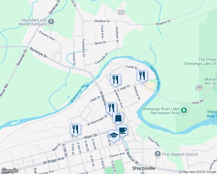 map of restaurants, bars, coffee shops, grocery stores, and more near 381 North Mercer Avenue in Sharpsville