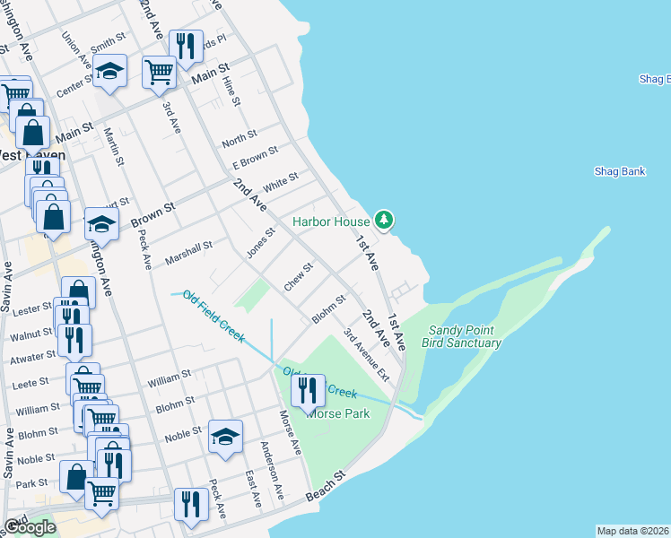 map of restaurants, bars, coffee shops, grocery stores, and more near 153 2nd Avenue in West Haven