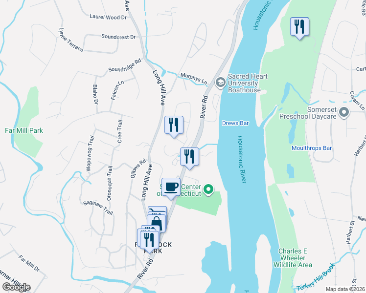 map of restaurants, bars, coffee shops, grocery stores, and more near 66 Kyles Way in Shelton